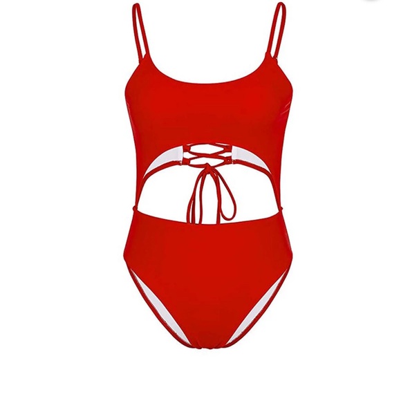 Red Cutout One-Piece Swimsuit - Picture 5 of 9